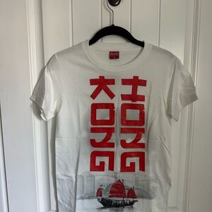 White Tee with Red Hong Kong Print